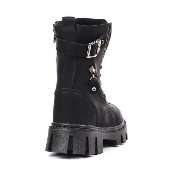 Kadın Siyah Postal Bot – Kalın Taban Fermuarlı Bağcıklı Tokalı Rahat Günlük Şık ve Dayanıklı - Resim 5