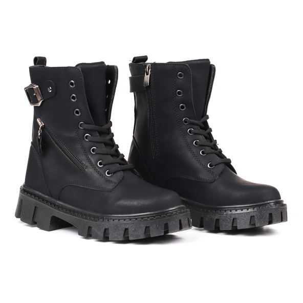 Kadın Siyah Postal Bot – Kalın Taban Fermuarlı Bağcıklı Tokalı Rahat Günlük Şık ve Dayanıklı ürün görseli 1