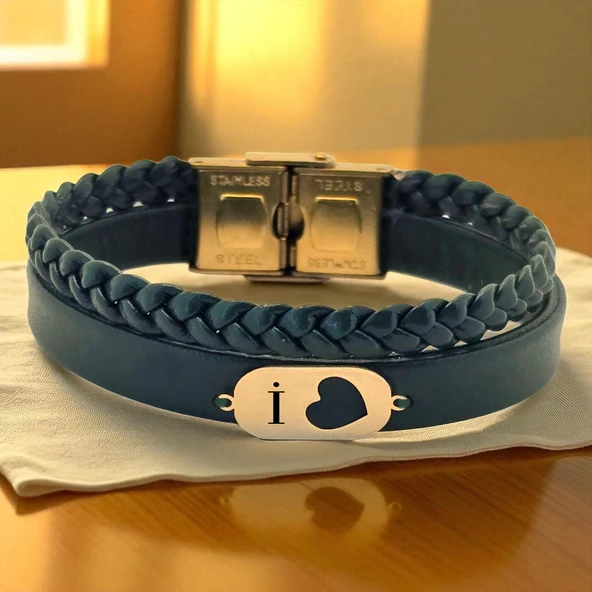 14 Ayar Altın Plakalı Harfe Özel Kalp Detaylı Oval Motifli Koyu Yeşil Derili Hediye Bileklik-560 ürün görseli