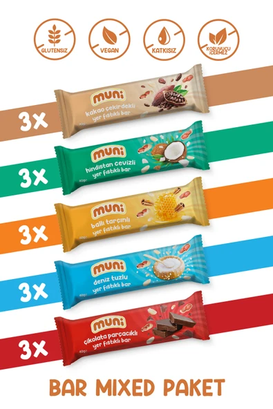 muni Proteinli Vegan Yer Fıstığı Bar Sağlıklı Atıştırmalık Paketi 40 gr*15 adet