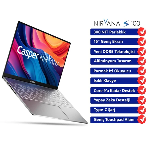 Casper Nirvana S100 300NIT i7-13620H 24GB DDR5 250GB SSD 16" Freedos Laptop S100.1362-CU00X-G-F - Resim 2