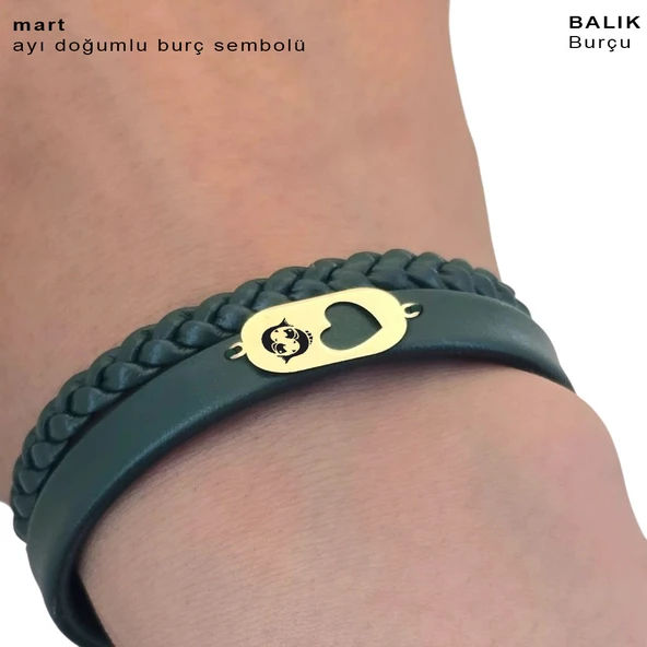 14 Ayar Altın Plakalı Burca Özel Kalp Detaylı Oval Motifli Koyu Yeşil Derili Hediye Bileklik-560 - Resim 3