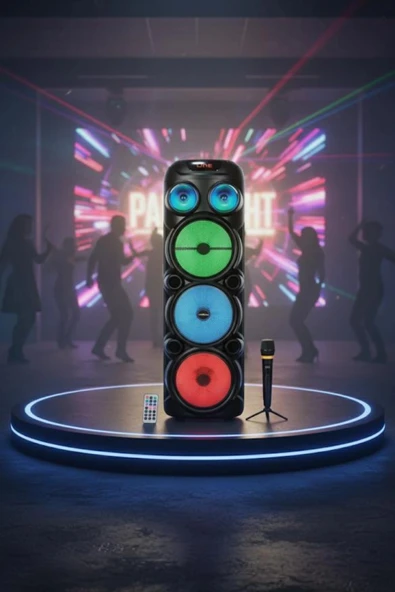 Hepu HP-974 Partybox Hoparlör  20W Güç 3 x 8 Woofer RGB Işık Efektleri Kablosuz Mikrofonlu ürün görseli 1