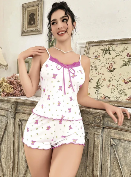 Kadın Gül ve Kiraz Desenli Şortlu Gecelik Takım 5112 - Resim 4
