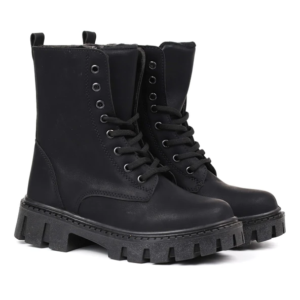 Kadın Siyah Nubuk Postal Bot – Kalın Taban Fermuarlı Bağcıklı Rahat Günlük Şık ve Dayanıklı - Resim 2