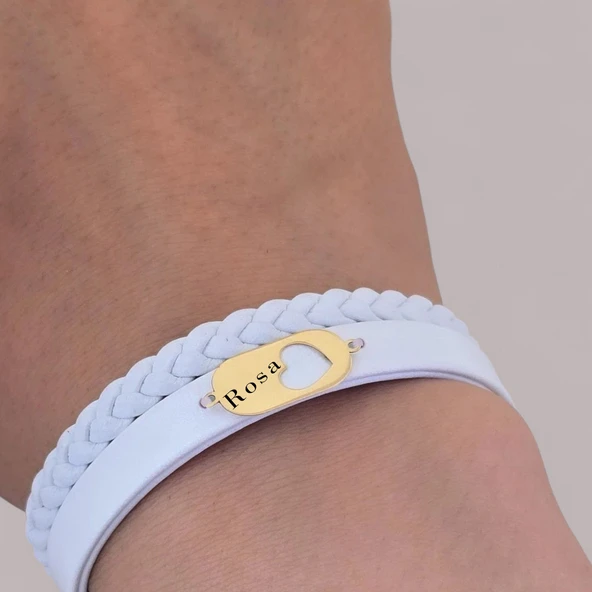 14 Ayar Altın Plakalı İsme Özel Kalp Detaylı Oval Figürlü Doğal Beyaz Derili Hediye Bileklik-561 - Resim 3