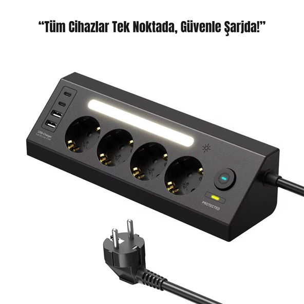 4’lü Akım Korumalı Priz 2 USB-C 2 USB-A Çıkış LED Işıklı Şarj İstasyonu 2 Metre Kablo Hızlı ve Güvenli Kullanım