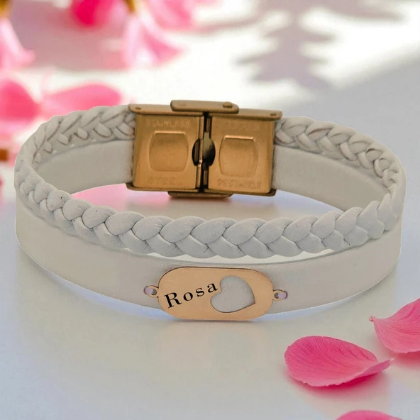 14 Ayar Altın Plakalı İsme Özel Kalp Detaylı Oval Figürlü Doğal Beyaz Derili Hediye Bileklik-561 ürün görseli