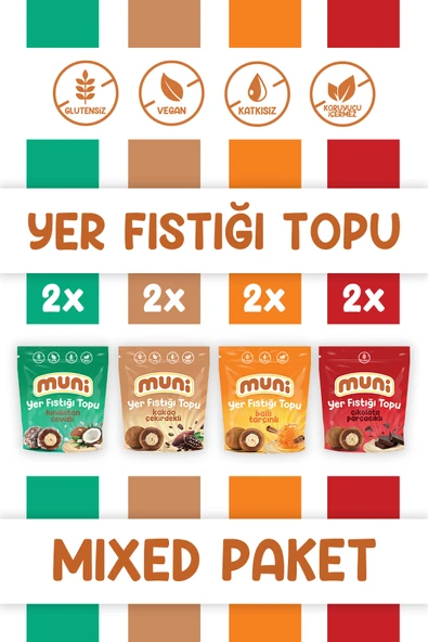 muni Karma Yer Fıstığı Topları Sağlıklı Atıştırmalık Paketi * 8 adet (Glutensiz/Şeker İlavesiz)