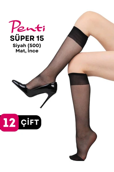 Penti Süper 15 Den Mat İnce Diz Altı Çorap Siyah/Black (500) 12 Çift