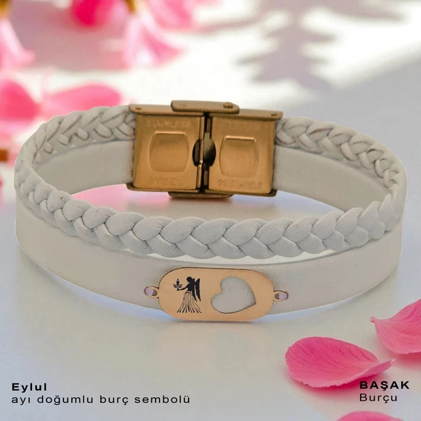 14 Ayar Altın Plakalı Burca Özel Kalp Detaylı Oval Figürlü Doğal Beyaz Derili Hediye Bileklik-561 ürün görseli