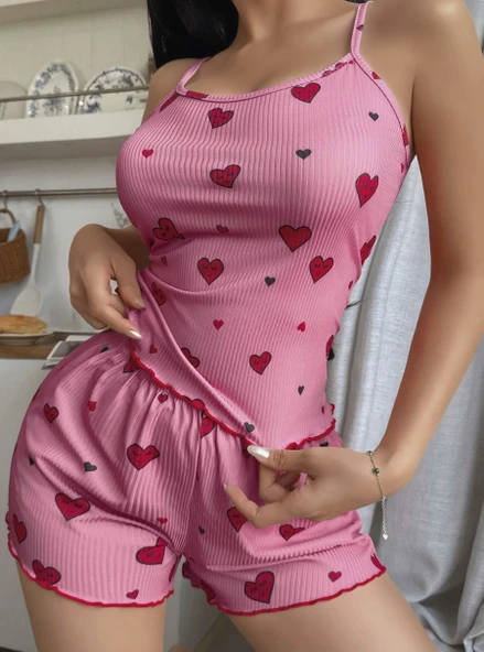 Kadın Pembe Kalp Desenli Askılı Şortlu Takım 5103 - 2