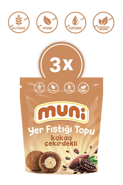 muni Glutensiz, Katkısız Kakao Çekirdekli Yer Fıstığı Topu 3'lü