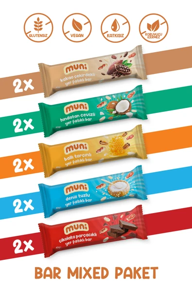 muni Proteinli Vegan Yer Fıstığı Bar Sağlıklı Atıştırmalık Paketi 40 gr*10 adet - 1