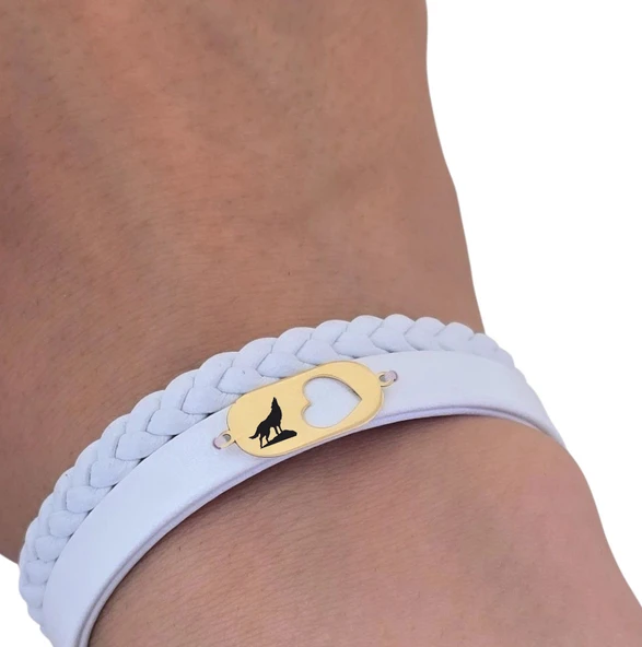 14 Ayar Altın Plakalı Sembole Özel Doğal Beyaz Derili Kalp Detaylı Oval Figürlü Hediye Bileklik-561 - Resim 3