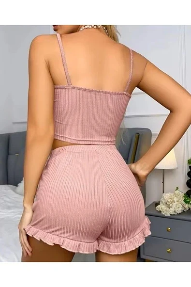 Kadın Pudra Dantel Detaylı Şortlu Gecelik Pijama Takımı 5015 - 2