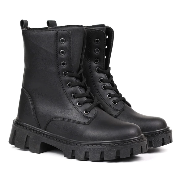 Kadın Siyah Postal Bot – Kalın Taban Fermuarlı Bağcıklı Rahat Günlük Şık ve Dayanıklı - 10