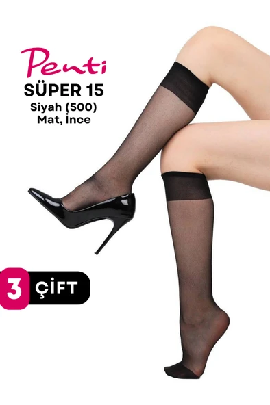 Penti Süper 15 Den Mat İnce Diz Altı Çorap Siyah/Black (500) 3 Çift