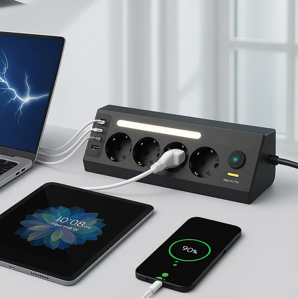 4’lü Akım Korumalı Priz  2 USB-C 2 USB-A Çıkış  LED Işıklı Şarj İstasyonu  2 Metre Kablo  Hızlı ve Güvenli Kullanım - 5