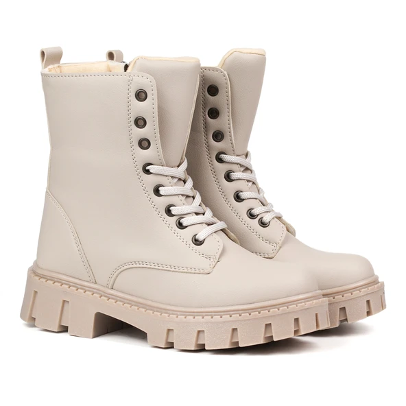 Kadın Bej Postal Bot – Kalın Taban Fermuarlı Bağcıklı Rahat Günlük Şık ve Dayanıklı - Resim 6