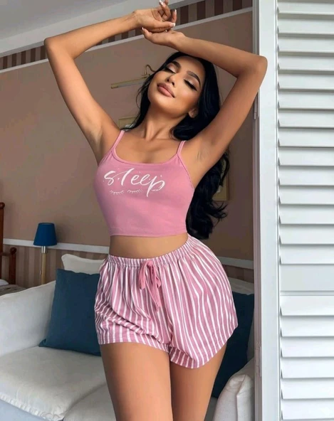 Kadın pembe çizgili desen Askılı Şortlu Pijama Takım 5002