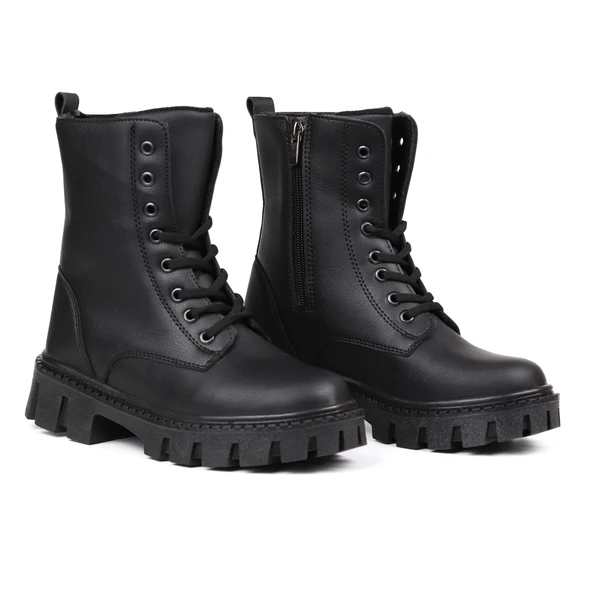 Kadın Siyah Postal Bot – Kalın Taban Fermuarlı Bağcıklı Rahat Günlük Şık ve Dayanıklı