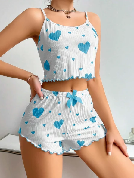 Kadın Beyaz Mavi Kalp Desenli Askılı Şortlu Pijama Takım 5043