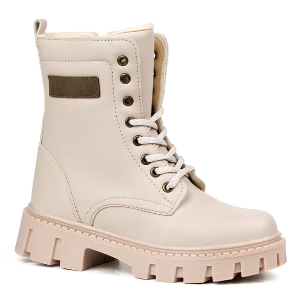 Kadın Bej Postal Bot – Kalın Taban Fermuarlı Bağcıklı Rahat Günlük Şık ve Dayanıklı - Resim 3