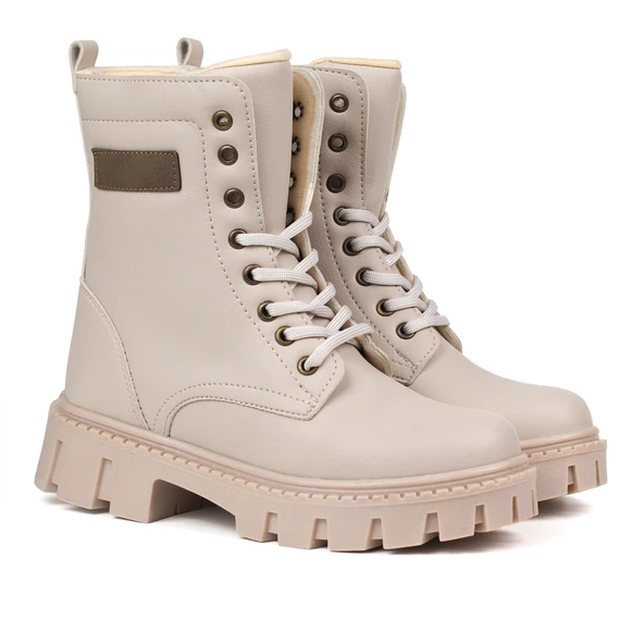 Kadın Bej Postal Bot – Kalın Taban Fermuarlı Bağcıklı Rahat Günlük Şık ve Dayanıklı - Resim 2
