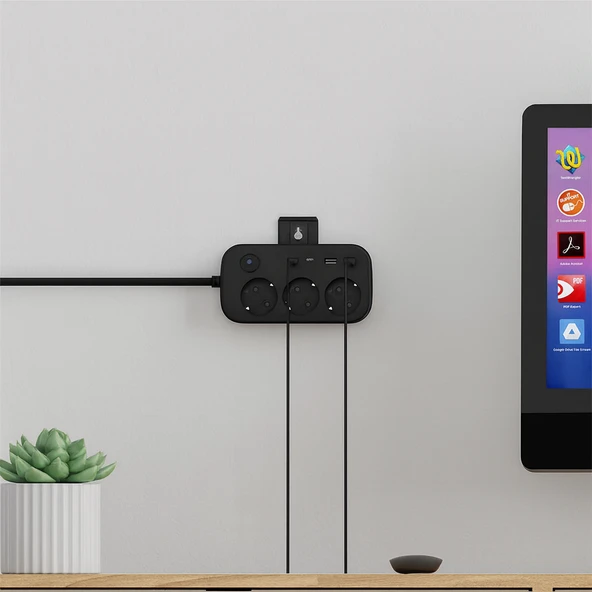 3’lü Akım Korumalı Priz 2 USB VE 2 Type-C Girişli Anahtarlı ve Duvara Monte Edilebilir Uzatma Kablosu Siyah - 3