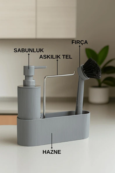 Gri Sabunluk Fırçalı Mutfak Lavabo Düzenleyici Seti- Sabunluk,Fırça Ve Organizer - Resim 2
