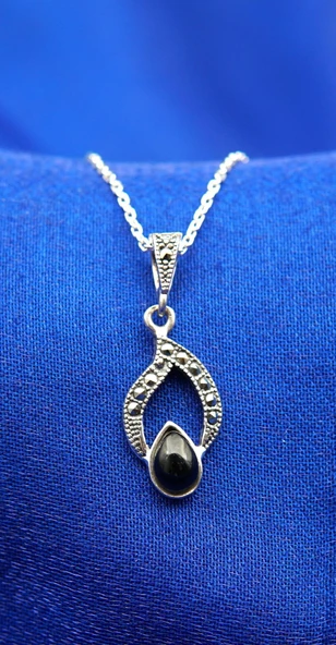 925 Ayar Kadın Oltu Taşı Kadın Kolye sk00078 - Resim 2