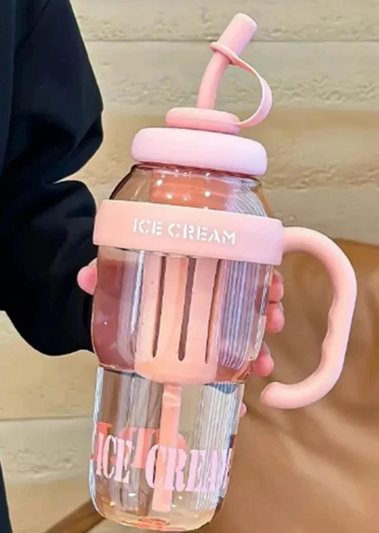 ICE CREAM Tasarımlı Pipetli Suluk 1.3 Litre Büyük Hacimli, Şeffaf Renkli Matara, Sızdırmaz Kapak