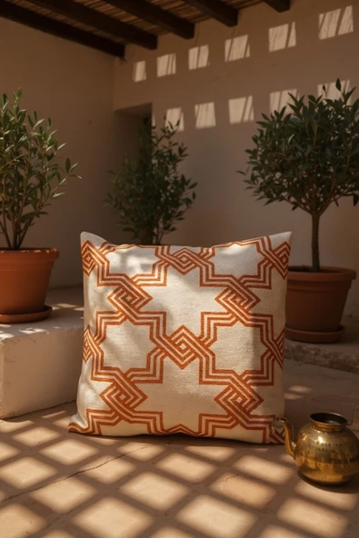 FREFLY Turuncu Zeminde Geometrik Motifli Mozaik Desenli Dijital Baskılı Yastık Kırlent Kılıfı - 3