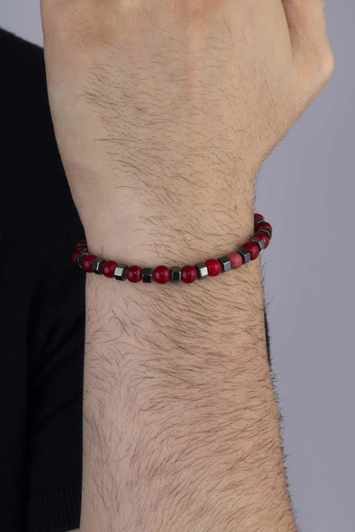 Gümüş Pazarım Hematit Geçişli Kırmızı Ceyt Taşı Doğal Taş Erkek Bileklik - Resim 3