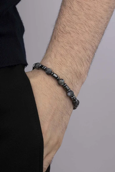 Gümüş Pazarım  Gri Jasper Taşı Hematit Geçişli Doğal Taş Erkek Bileklik ürün görseli 1