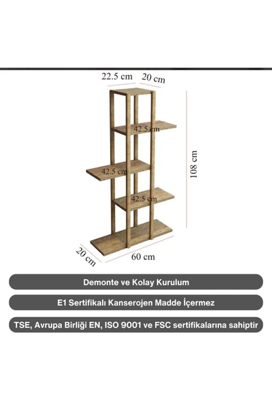 FREFLY 5 Katlı Ahşap Çiçeklik, Saksılık, Saksı Standı / Dekoratif Raf / Çok Amaçlı Kullanım (Atlantik Çam) - 3