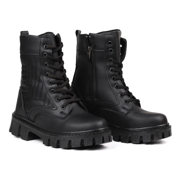 Kadın Siyah Postal Bot – Kalın Taban Fermuarlı Bağcıklı Rahat Günlük Şık ve Dayanıklı ürün görseli 1