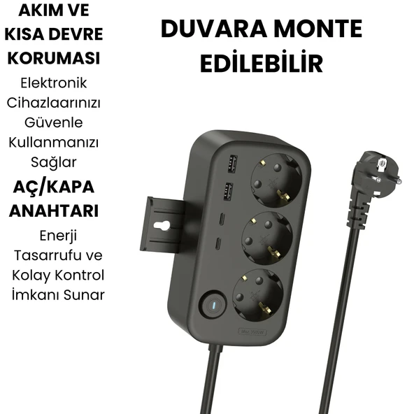 3’lü Akım Korumalı Priz 2 USB VE 2 Type-C Girişli Anahtarlı ve Duvara Monte Edilebilir Uzatma Kablosu Siyah - 7