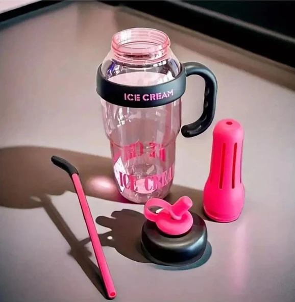ICE CREAM Tasarımlı Pipetli Suluk 1.3 Litre Büyük Hacimli, Şeffaf Renkli Matara, Sızdırmaz Kapak - 2