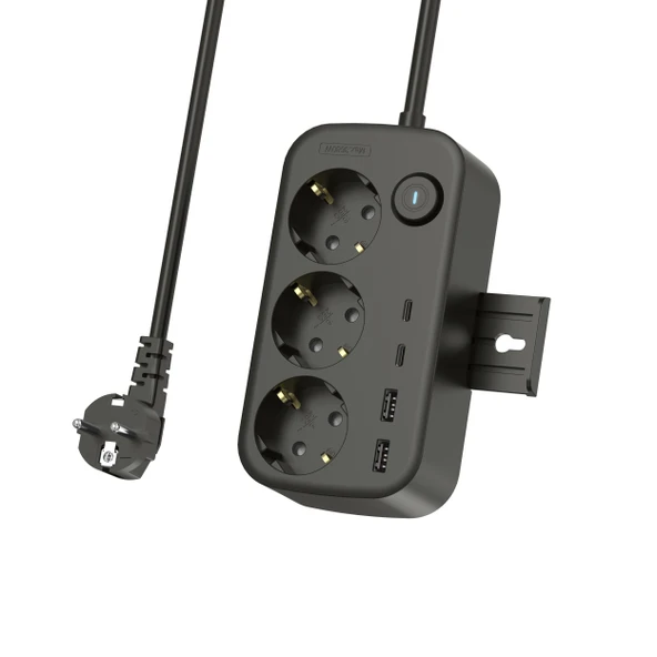 3’lü Akım Korumalı Priz 2 USB VE 2 Type-C Girişli Anahtarlı ve Duvara Monte Edilebilir Uzatma Kablosu Siyah - 4