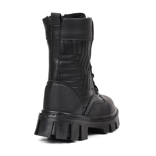 Kadın Siyah Postal Bot – Kalın Taban Fermuarlı Bağcıklı Rahat Günlük Şık ve Dayanıklı - Resim 5