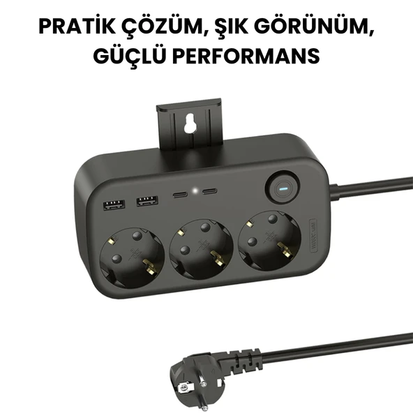 3’lü Akım Korumalı Priz 2 USB VE 2 Type-C Girişli Anahtarlı ve Duvara Monte Edilebilir Uzatma Kablosu Siyah