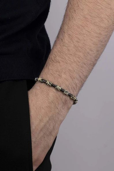 Gümüş Pazarım  Hematit Geçişli Silindir Kesim Jasper Taşı Benekli Doğal Taş Erkek Bileklik