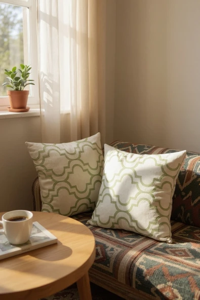 FREFLY Beyaz Zeminde Yeşil Geometrik Motifli Mozaik Desenli Dijital Baskılı Yastık Kırlent Kılıfı - 4