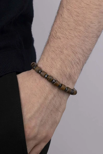 Gümüş Pazarım Silindir Kesim Kaplan Gözü Klasik Model Erkek Doğal Taş Bilekik ürün görseli 1