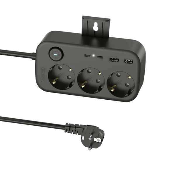 3’lü Akım Korumalı Priz 2 USB VE 2 Type-C Girişli Anahtarlı ve Duvara Monte Edilebilir Uzatma Kablosu Siyah - 5