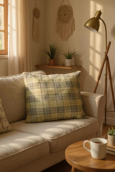 FREFLY Ekoseli Keten Kumaş 43X43 Kare Kırlent Kılıfı - 1