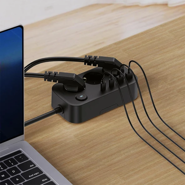 3’lü Akım Korumalı Priz  2 USB VE 2 Type-C Girişli  Anahtarlı ve Duvara Monte Edilebilir Uzatma Kablosu  Siyah - 2