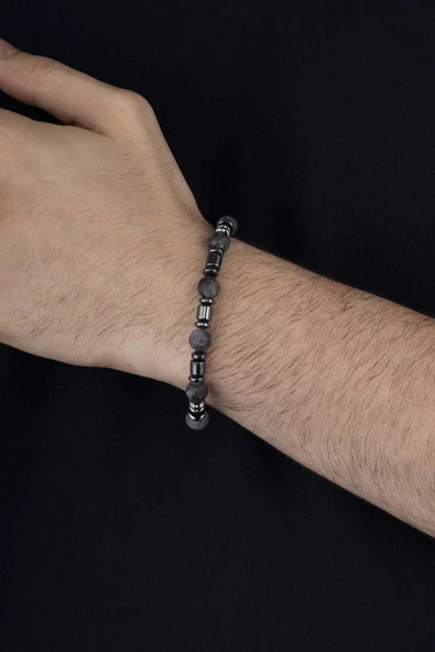 Gümüş Pazarım  Gri Jasper Taşı Hematit Geçişli Doğal Taş Erkek Bileklik - Resim 2